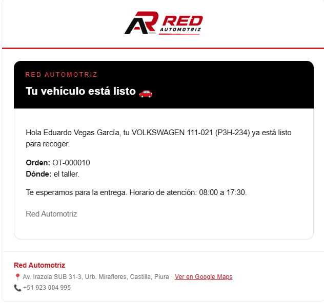 Correo automático cuando la unidad queda lista para entrega